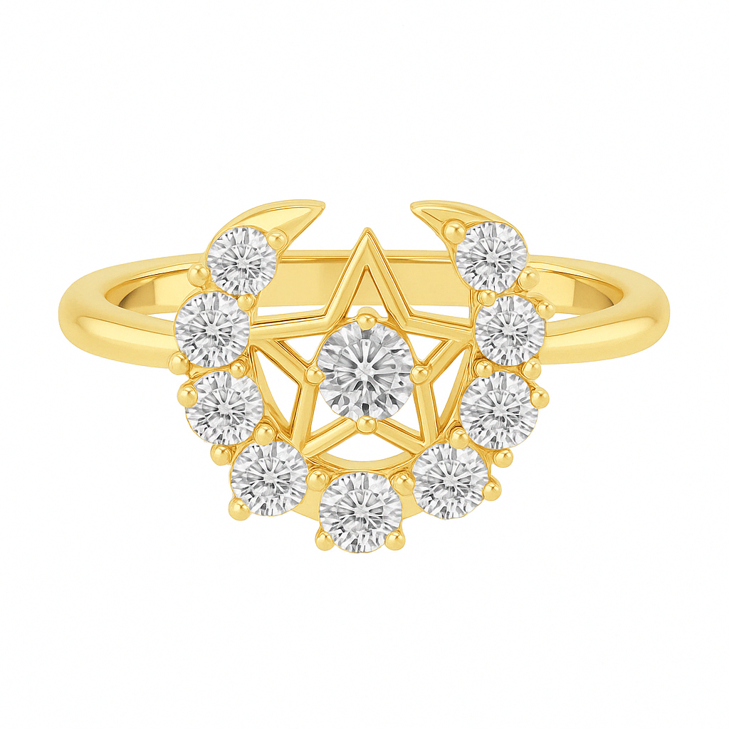 Celestial Star & Moon Diamond Ring – 0.70 Ct in 925 Silver with 18kt vermeil & Gold 10 KT