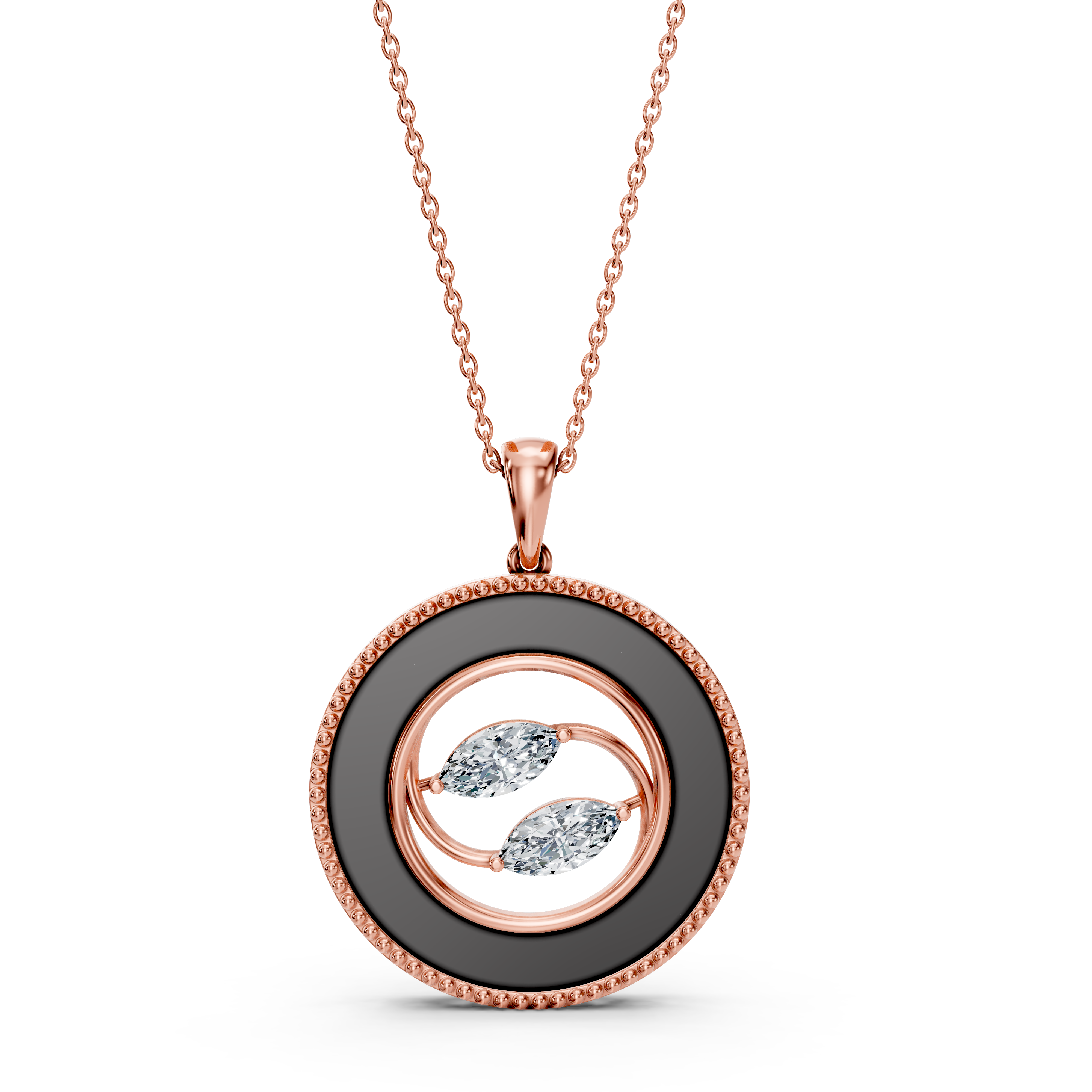 A Yin-Yang Inspired Marquise Pendant with Lab-Grown Diamonds and Enamel.