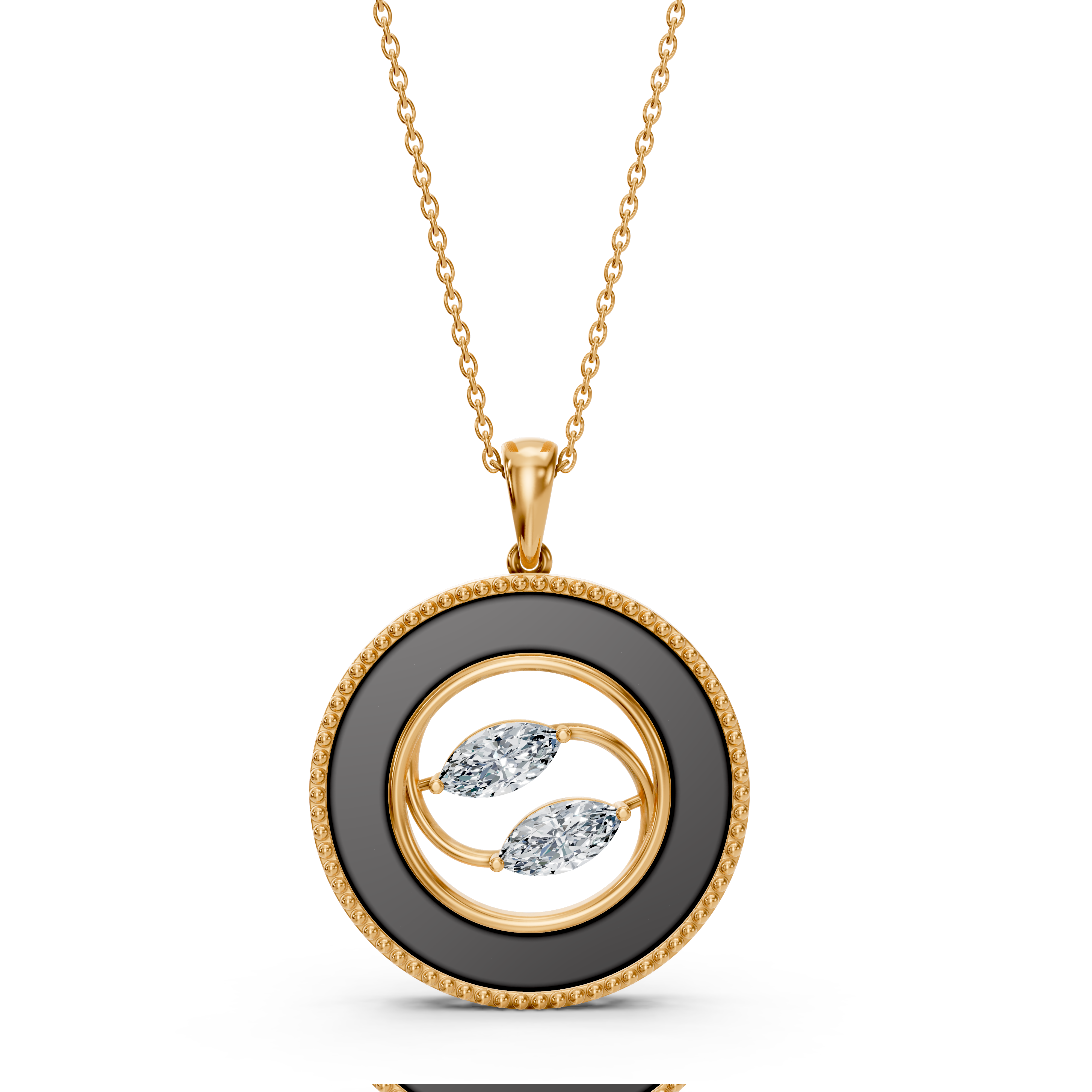 A Yin-Yang Inspired Marquise Pendant with Lab-Grown Diamonds and Enamel.