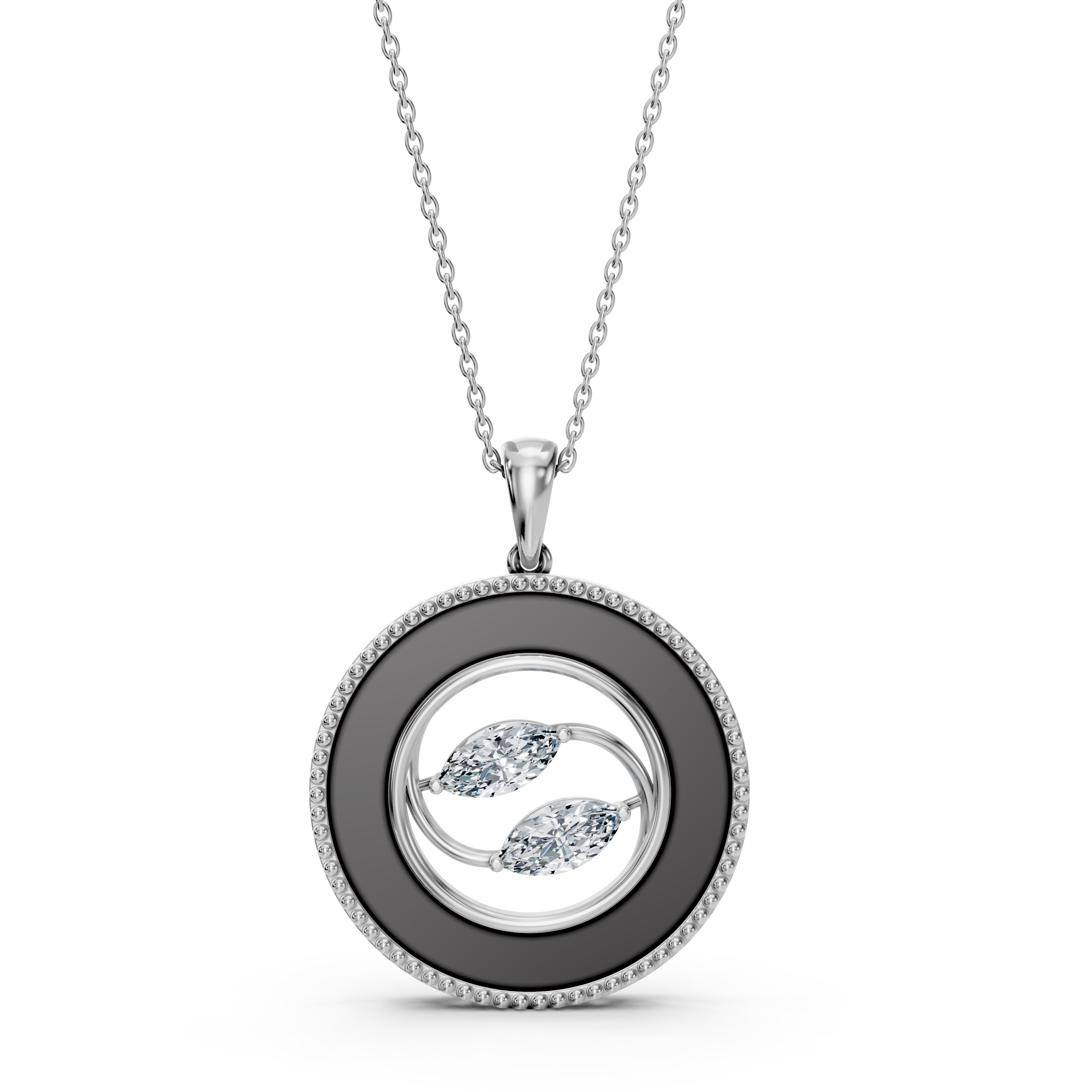 A Yin-Yang Inspired Marquise Pendant with Lab-Grown Diamonds and Enamel.