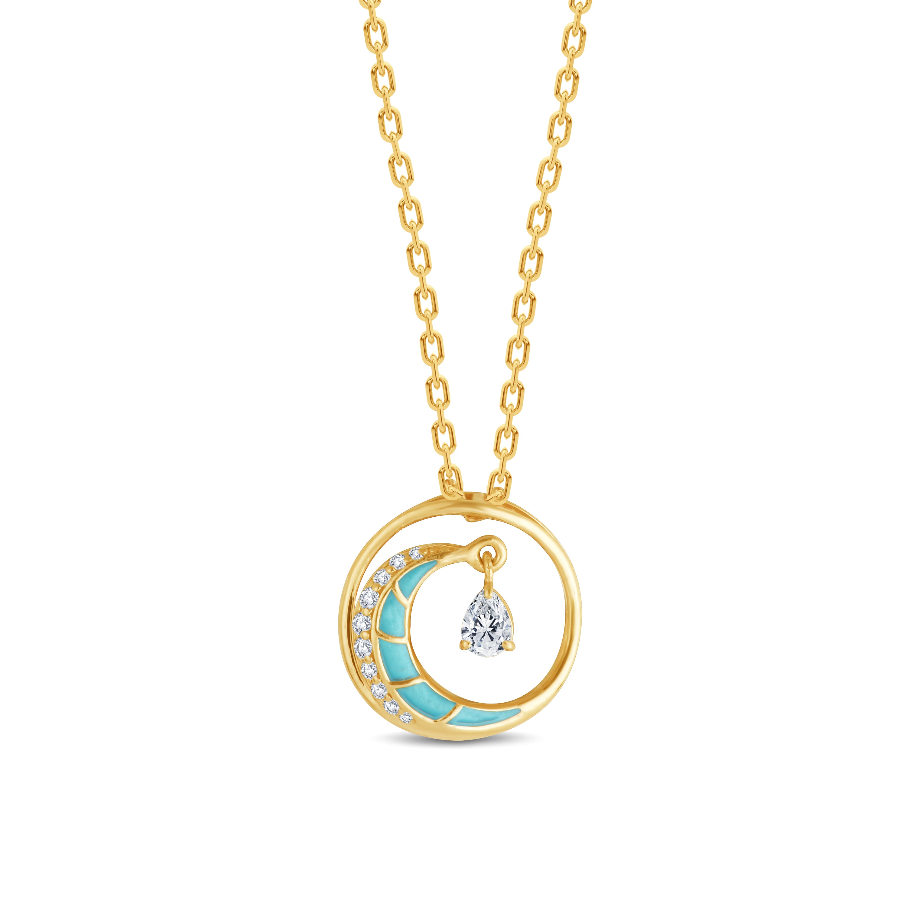 Lunar Radiance Lab Diamond Pendant in Silver 925 with 18 kt gold vermeil & Aqua Enamel