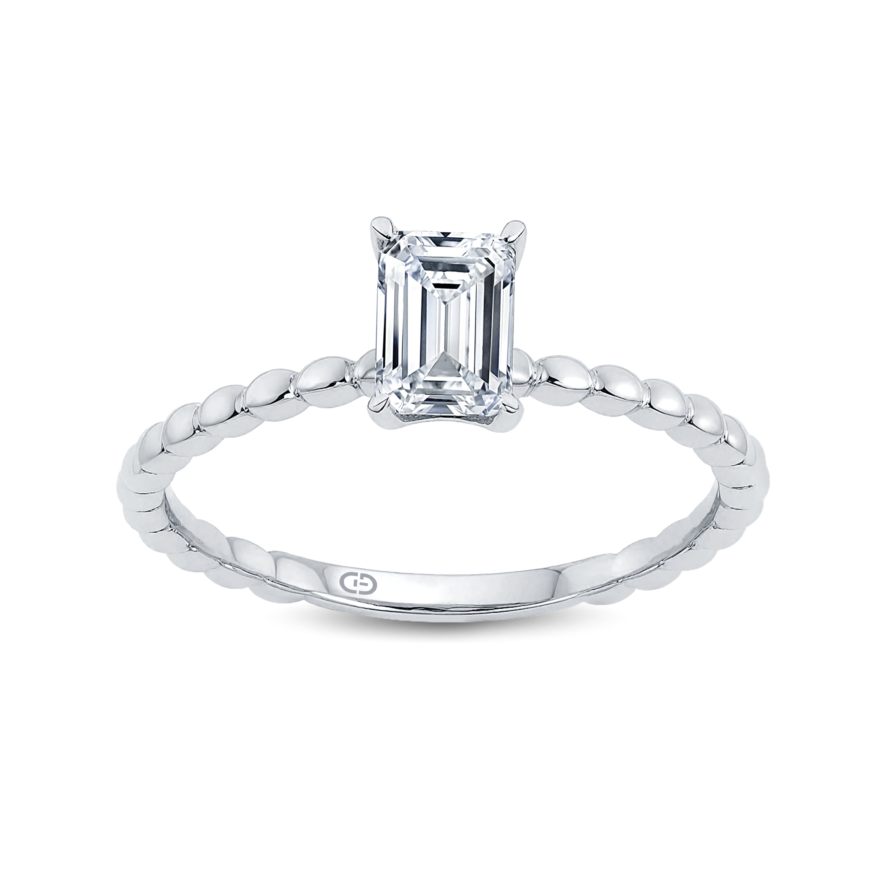 Graceful Emerald-Cut Lab-Grown Diamond Ring Accented with a Delicate Gold Beaded Band – 0.40ct