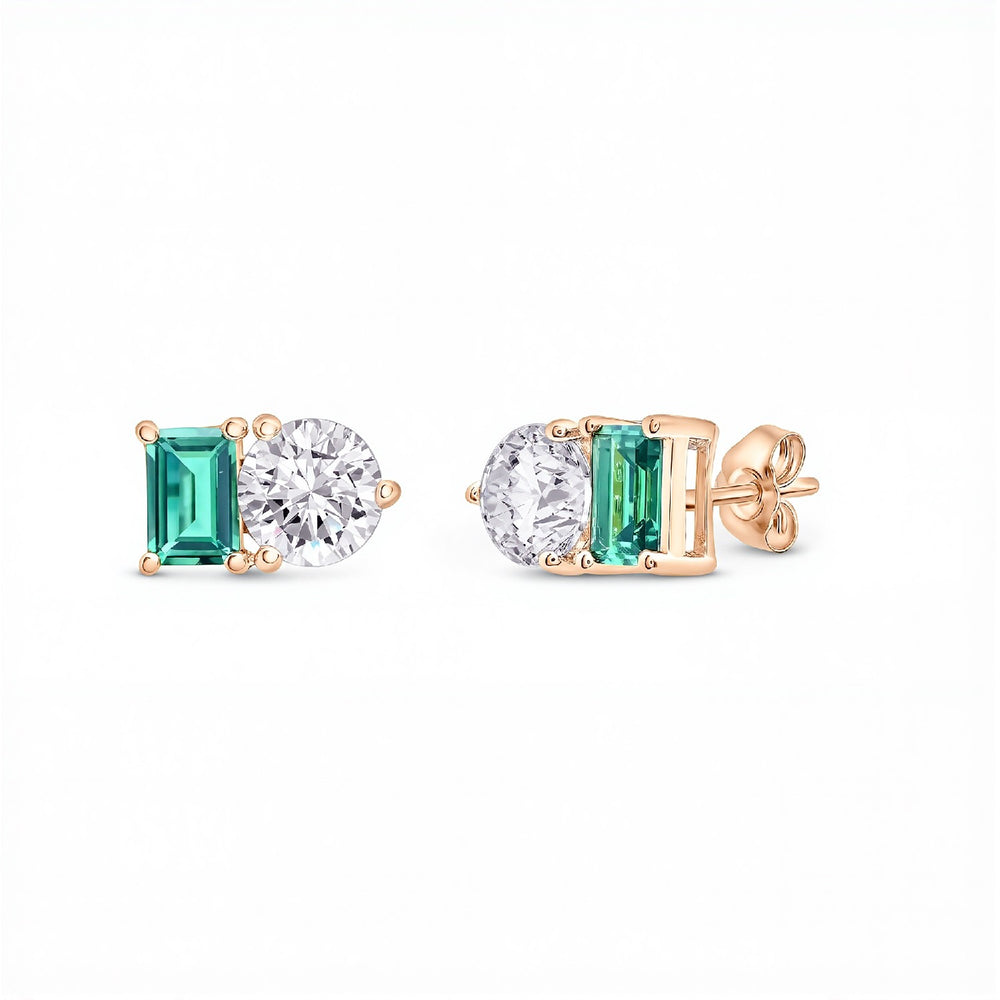 3.00 TCW Lab Emerald & Round Diamond Toi et Moi Earrings.| 18kt Gold Vermeil | GrownńDiva