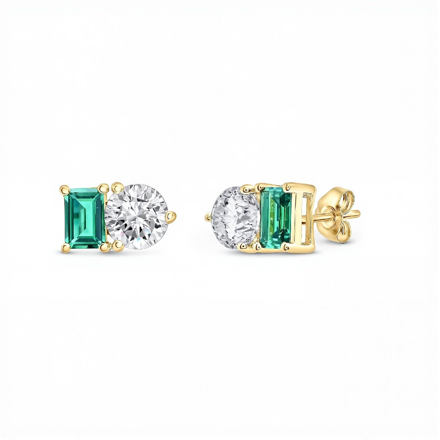 3.00 TCW Lab Emerald & Round Diamond Toi et Moi Earrings.| 18kt Gold Vermeil | GrownńDiva