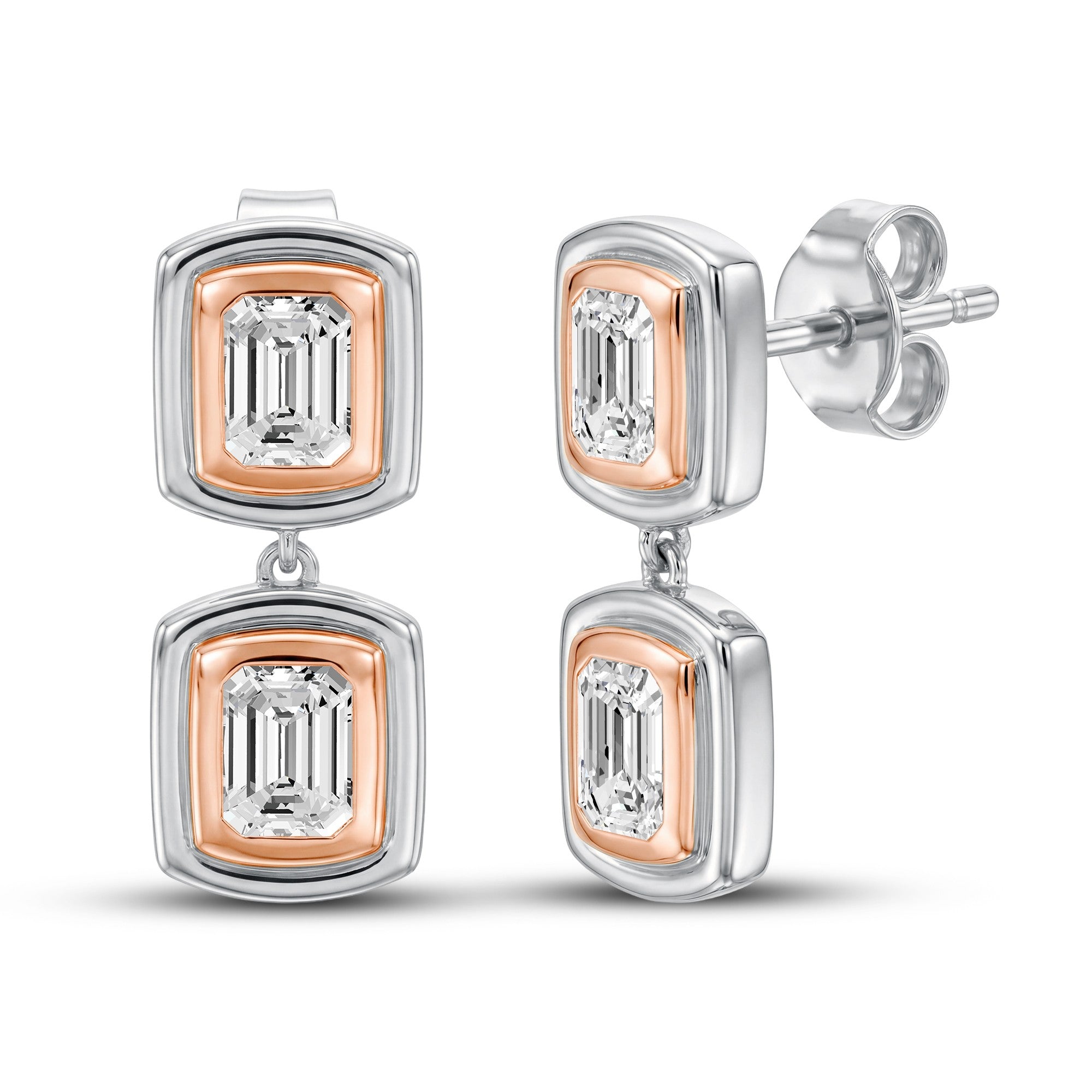 1.60 CTW Emerald Cut Lab-Grown Diamond Two-Stone Drop Earrings in 18kt Gold Vermeil over 925 Sterling Silver | GrownńDiva.