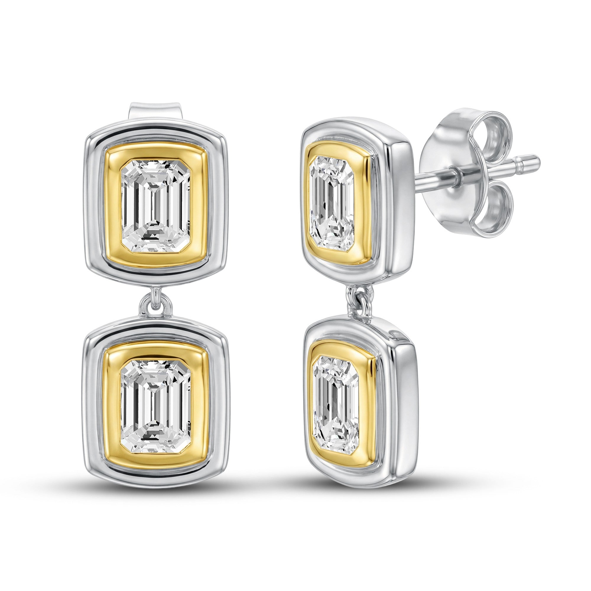 1.60 CTW Emerald Cut Lab-Grown Diamond Two-Stone Drop Earrings in 18kt Gold Vermeil over 925 Sterling Silver | GrownńDiva.