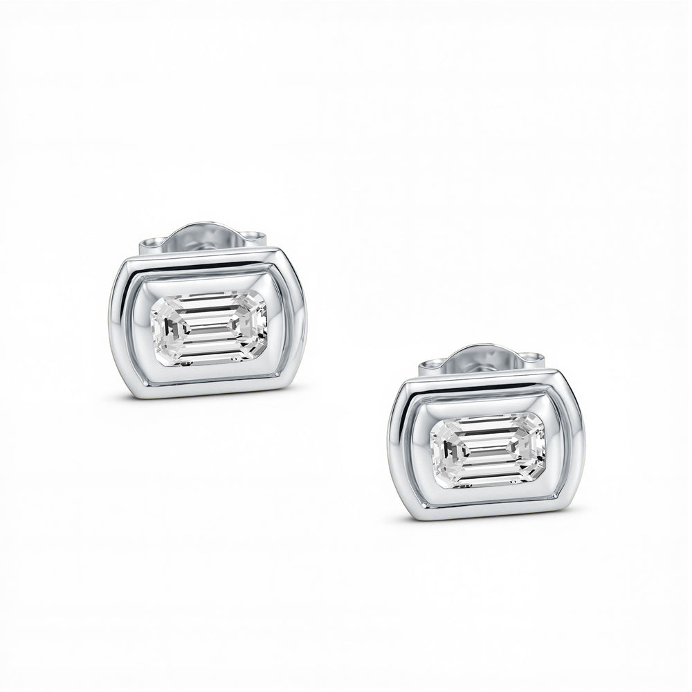 0.80 CTW Emerald Cut Lab-Grown Diamond East-West Bezel Stud Earrings in 18kt Gold Vermeil over 925 Sterling Silver | GrownńDiva.