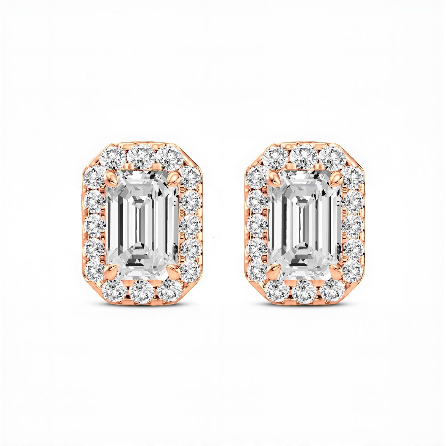1.32 CTW Emerald Cut Lab-Grown Diamond Halo Stud Earrings in 925 Sterling Silver with 18kt Gold Vermeil.GrownńDiva