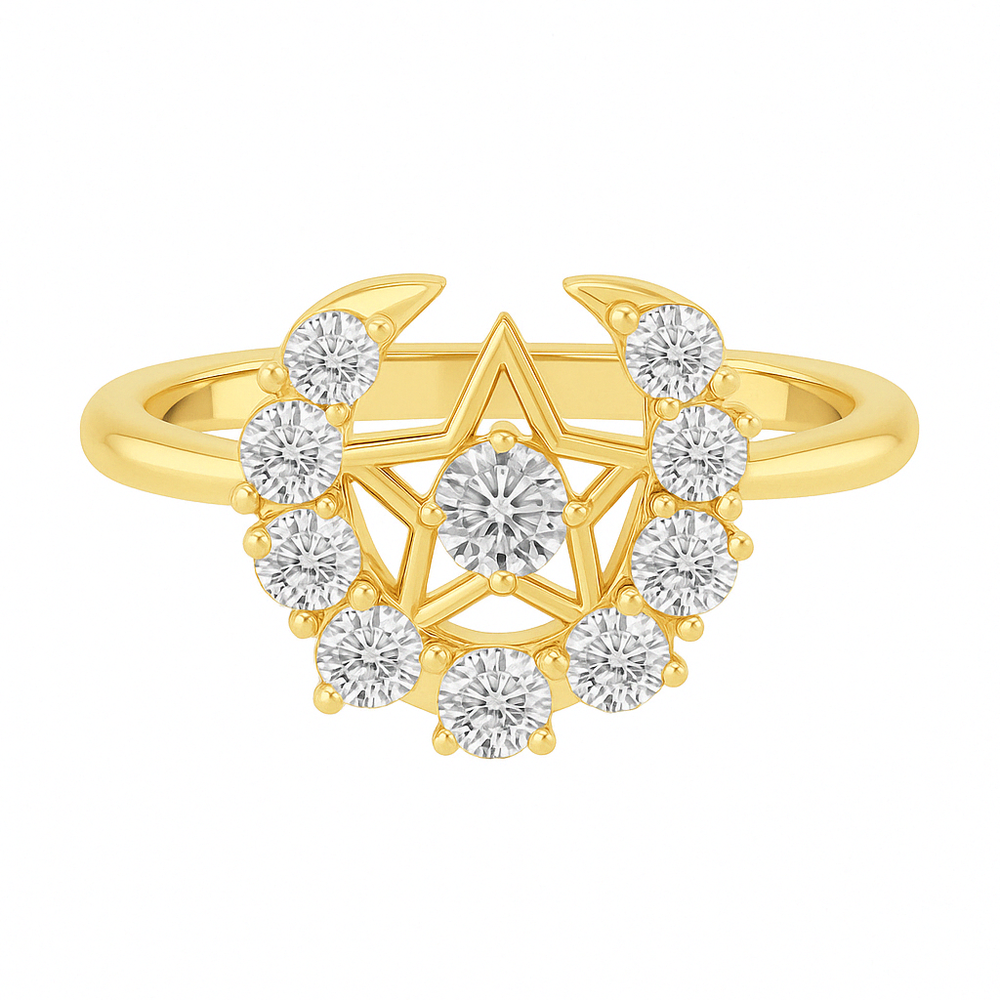 Celestial Star & Moon Diamond Ring – 0.70 Ct in 925 Silver with 18kt vermeil & Gold 10 KT