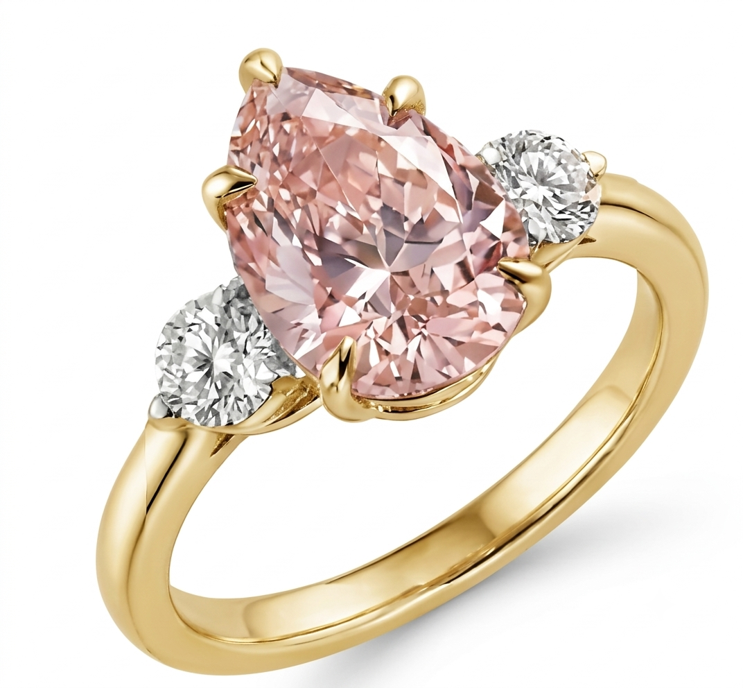 GrownńDiva Pear Pink Lab Diamond Three-Stone Ring 2.04 cts Pink centre Diamond