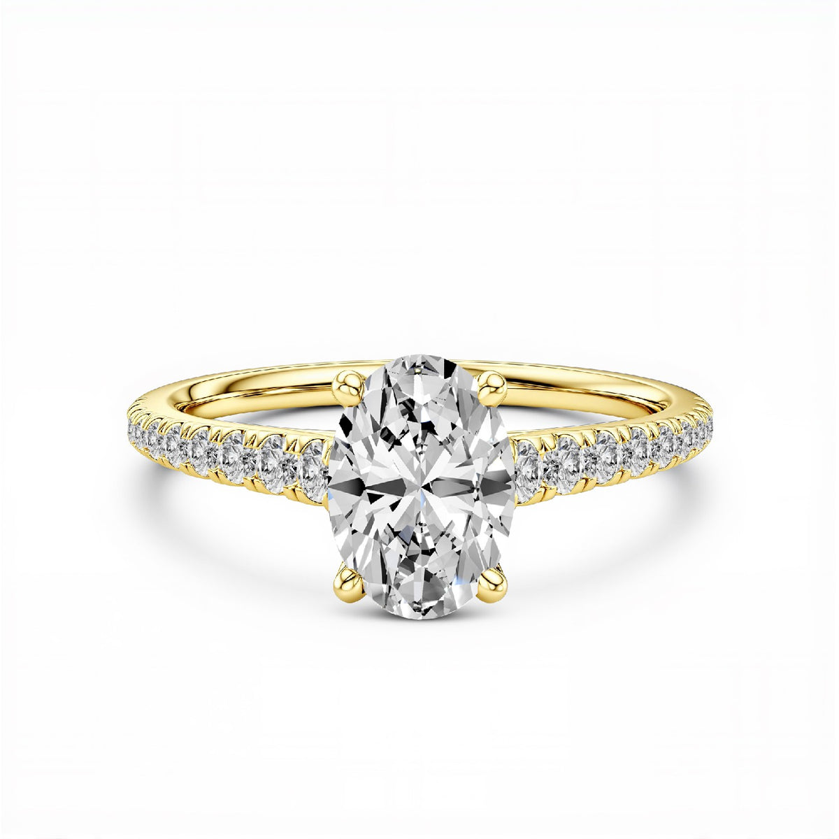 GrownnDiva 2.23 CTW Oval Cut Lab Diamond Four-Prong Solitaire Pavé Ring in 18K Gold Vermeil 925 Silver.
