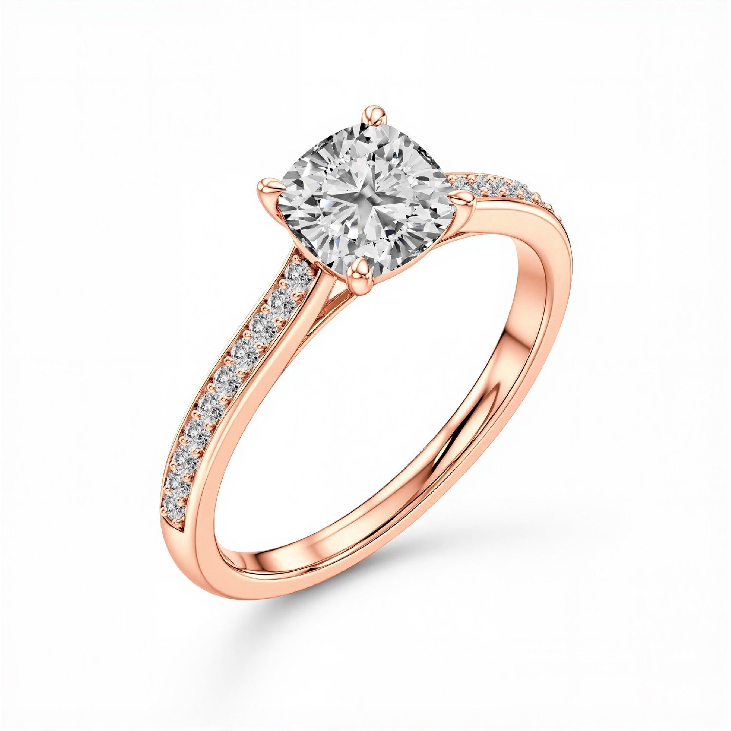 GrownńDiva 1.16 CTW Cushion Cut Lab Diamond Four-Prong Solitaire Pavé Ring in 18K Gold Vermeil 925 Silver