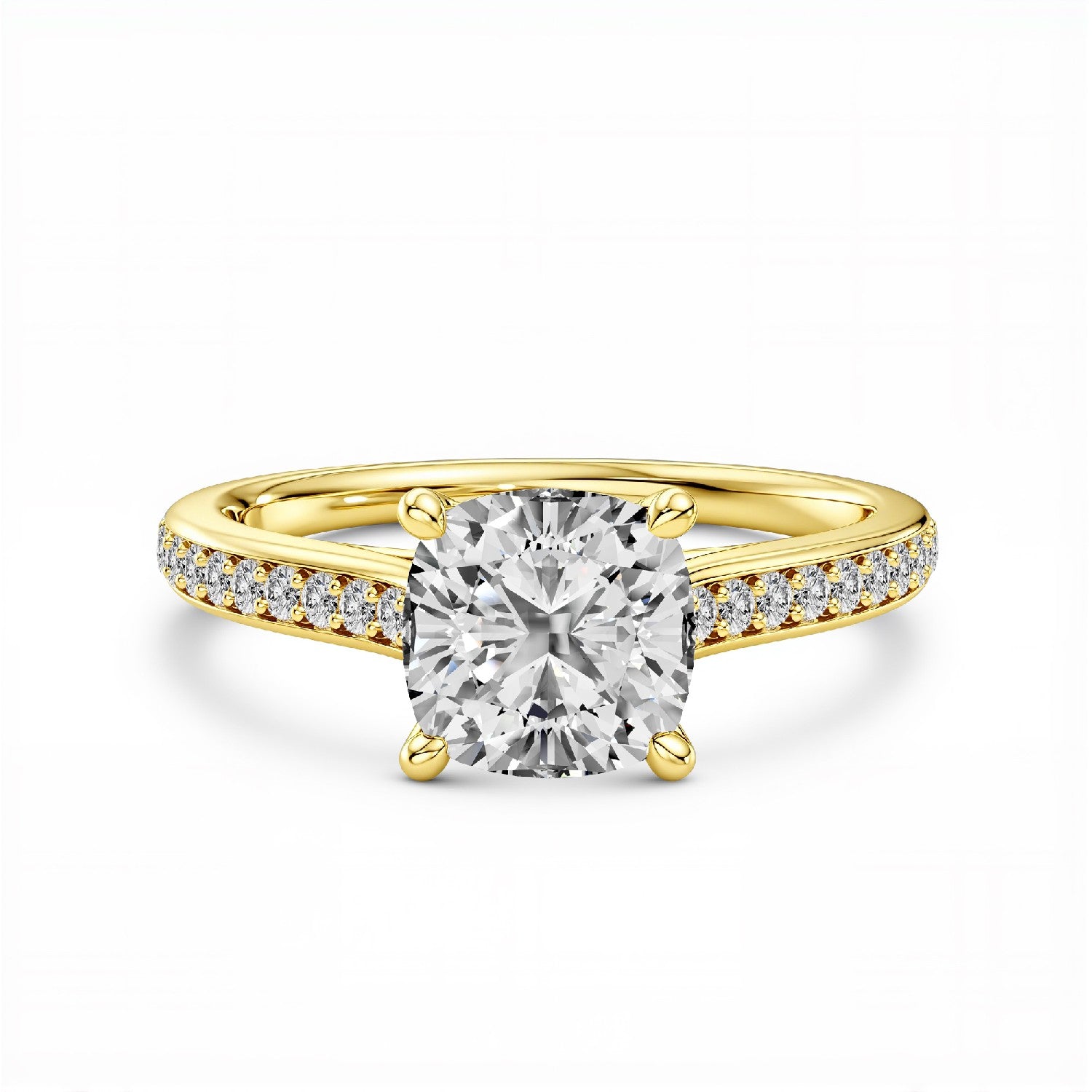GrownńDiva 1.16 CTW Cushion Cut Lab Diamond Four-Prong Solitaire Pavé Ring in 18K Gold Vermeil 925 Silver