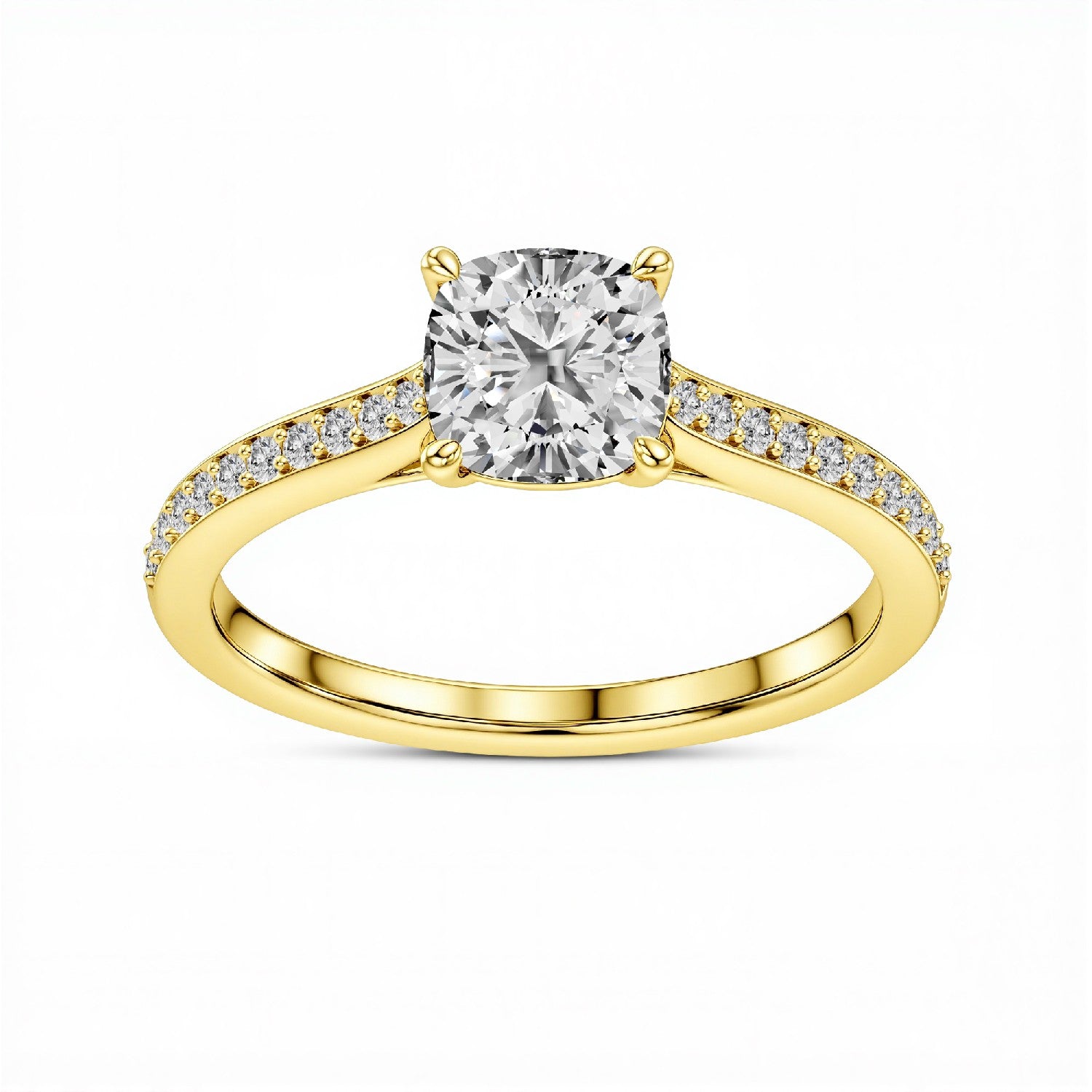 GrownńDiva 1.16 CTW Cushion Cut Lab Diamond Four-Prong Solitaire Pavé Ring in 18K Gold Vermeil 925 Silver