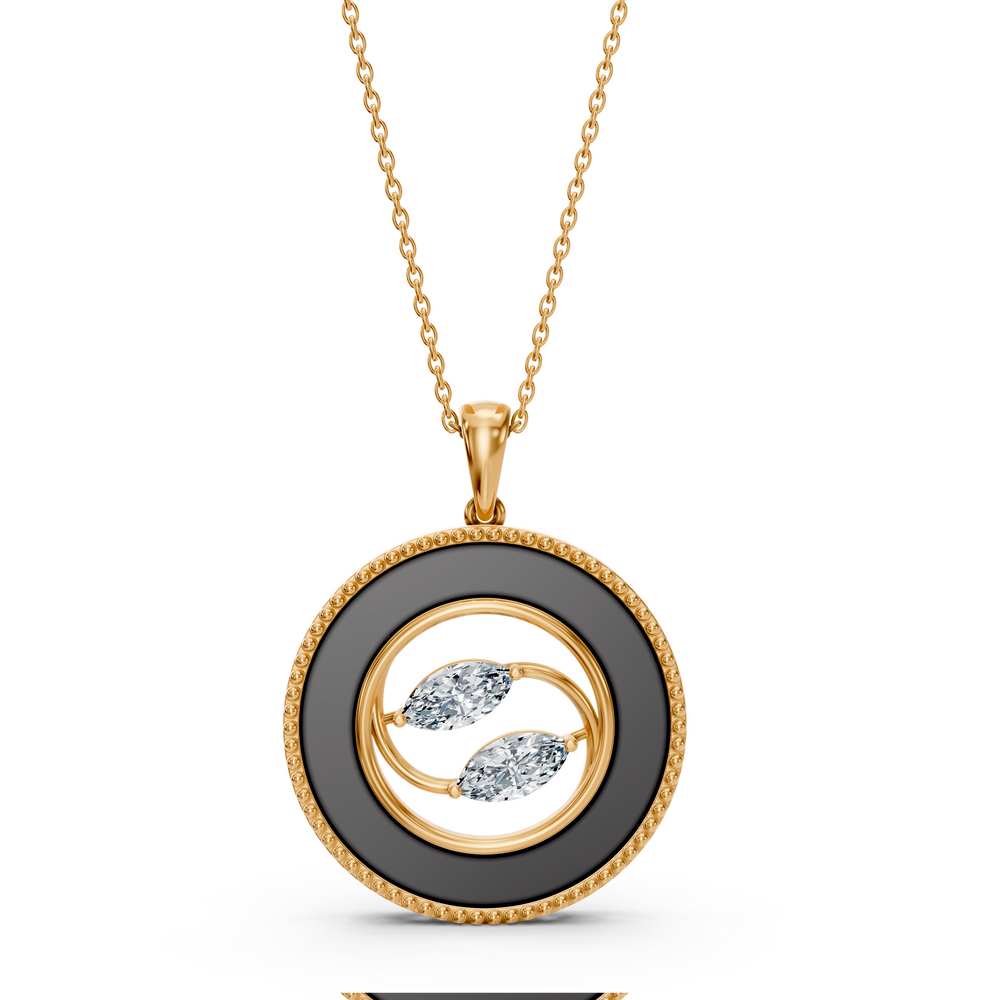 A Yin-Yang Inspired Marquise Pendant with Lab-Grown Diamonds and Enamel.