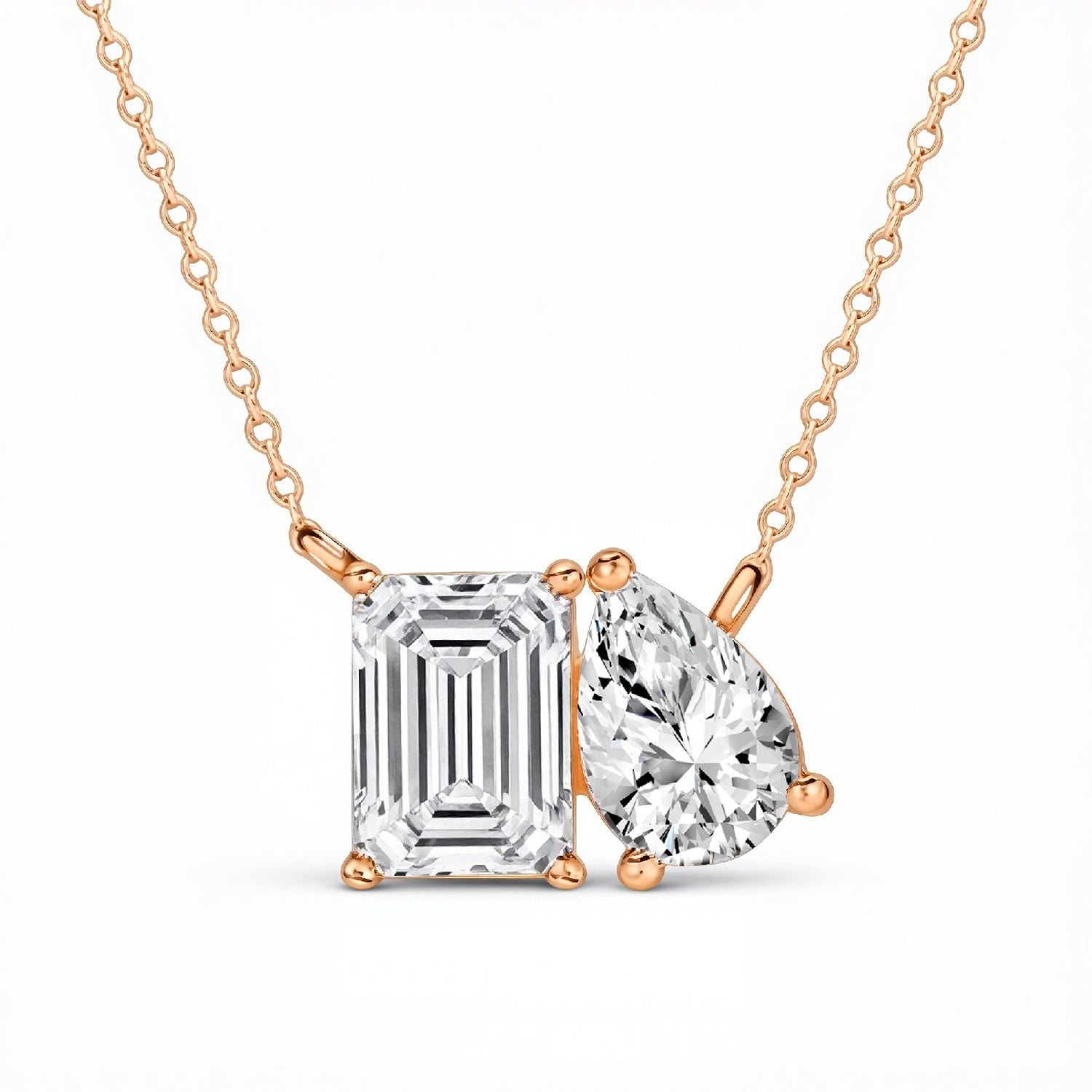 4.25 CTW Toi et Moi Prong-Set Emerald & Pear Lab Diamond Pendant – 18kt Gold Vermeil on 925 Silver