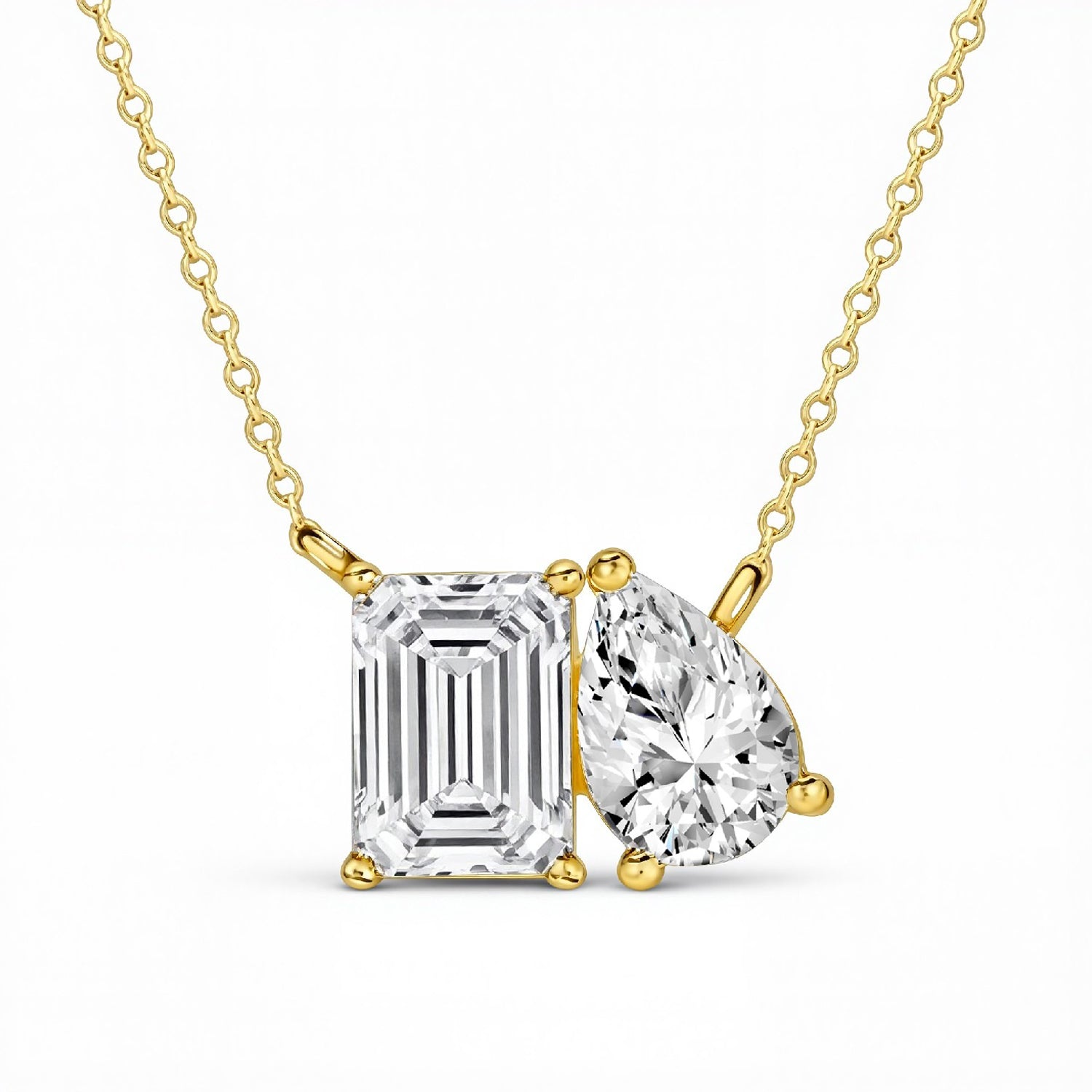 4.25 CTW Toi et Moi Prong-Set Emerald & Pear Lab Diamond Pendant – 18kt Gold Vermeil on 925 Silver