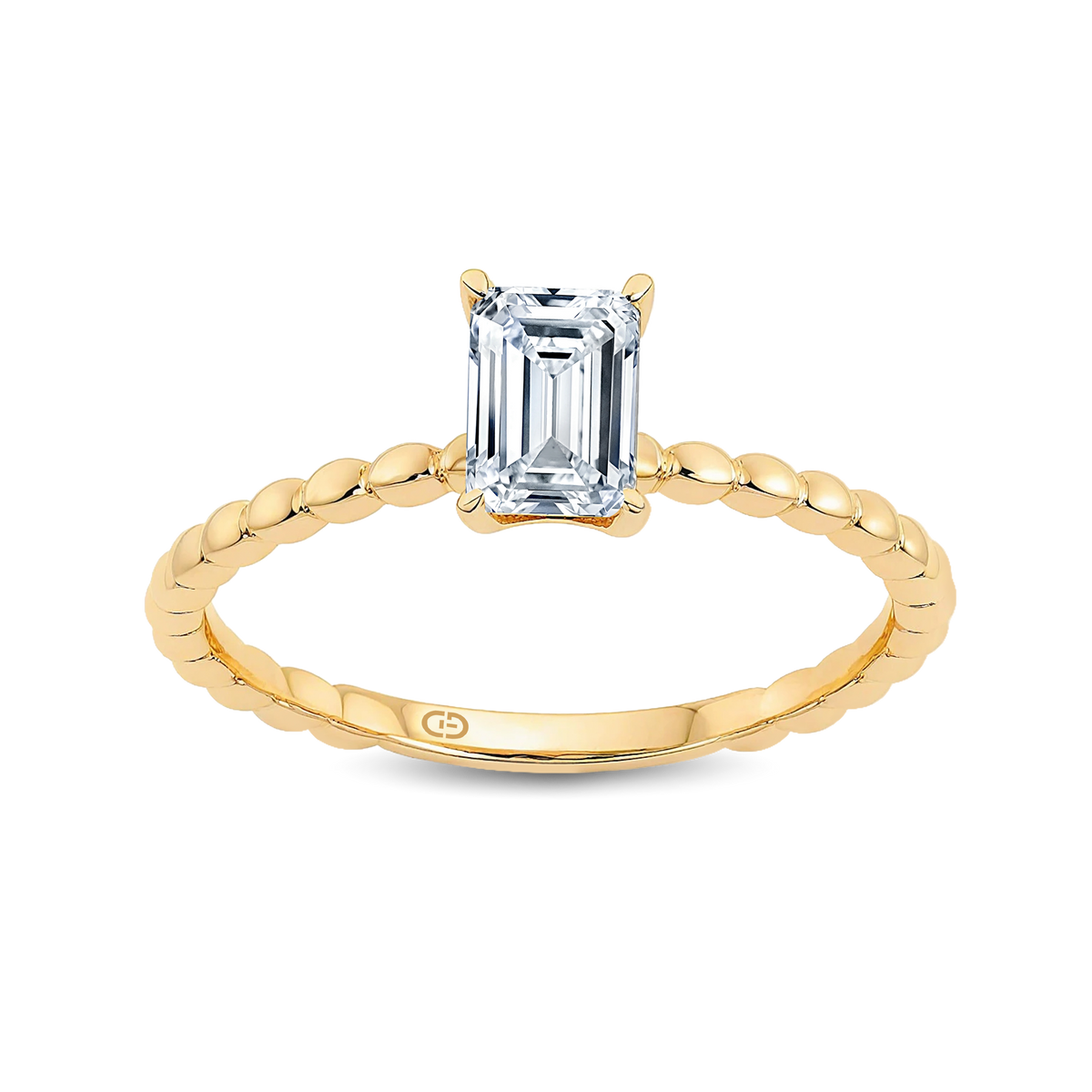 Graceful Emerald-Cut Lab-Grown Diamond Ring Accented with a Delicate Gold Beaded Band – 0.40ct